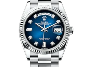 Rolex Day-Date 36mm Platinum 128236 Blue Ombre Diamond President Chronologie